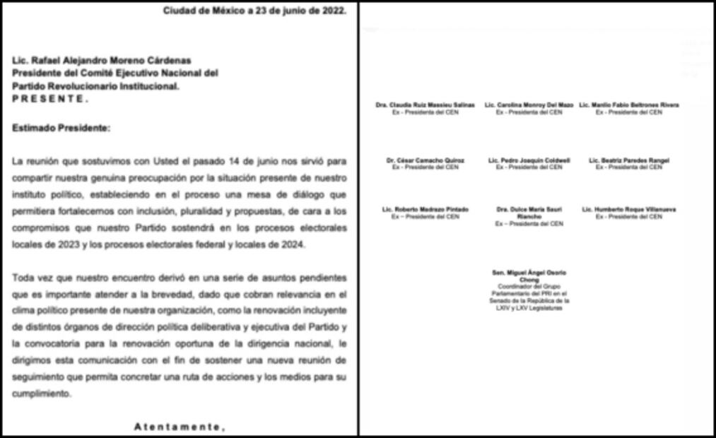 Expresidentes del PRI formalizan solicitud de nueva reunión con Alito Moreno