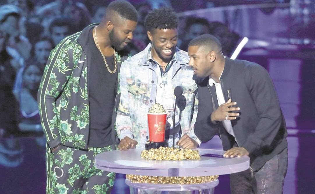 Winston Duke, Chadwick Boseman y Michael B. Jordan, de Black Panther (FOTOS: AP Y AFP)