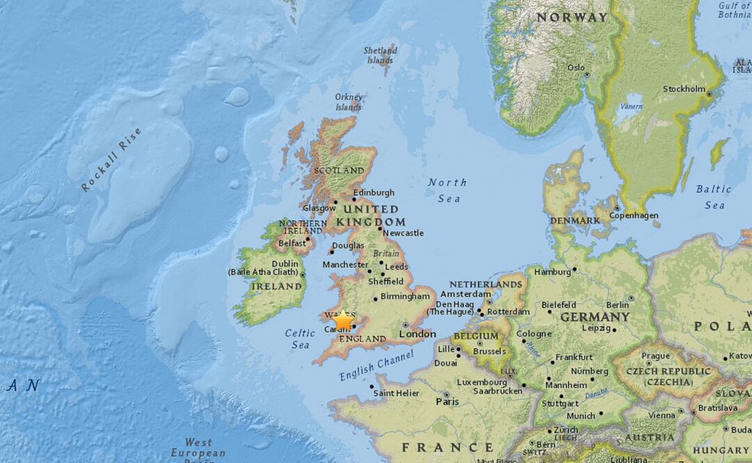 Punto del epicentro del sismo en Gales, Reino Unido (Foto: USGS)