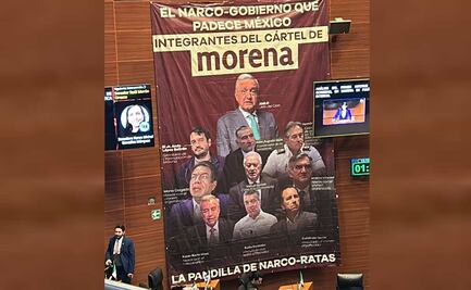 PRI despliega manta en el Senado con leyenda “Cártel de Morena”; señala a AMLO, Andy, Adán Augusto y otros