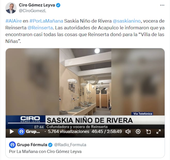 La activista informó sobre esta actualización en entrevista con Ciro Gómez Leyva para Radio Fórmula. Foto: X