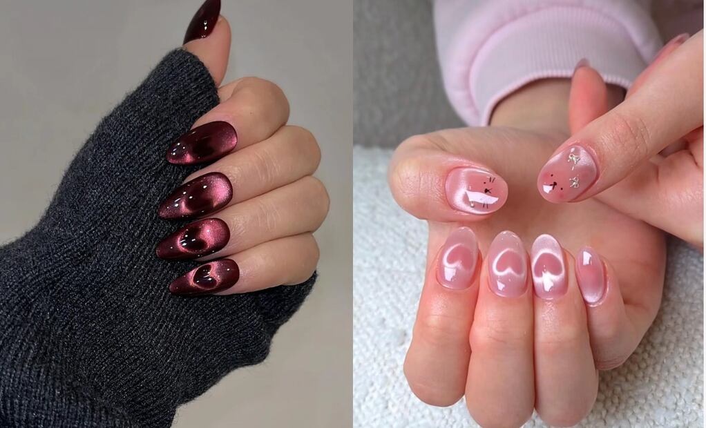 El efecto ojo de gato con esmalte magnético forma corazones iridiscentes que aportan brillo y profundidad a la manicura. Foto: Etsy