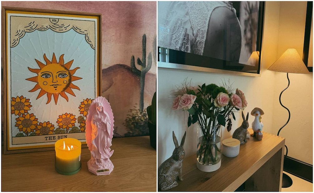 Casa de Ángela Aguilar y Christian Nodal en Texas. Se aprecia la figura de la Virgen de Guadalupe en su habitación, así como fotos de la pareja colgadas en la pared.