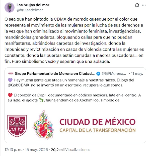 El colectivo feminista "Brujas del Mar" se posicionó frente a la explicación del uso del color morado como símbolo visual de la CDMX. Foto: X @brujasdelmar