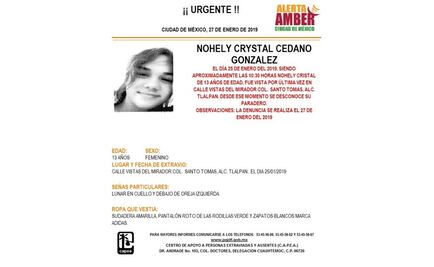 Activan Alerta Amber para localizar a Nohely Crystal Cedano en Tlalpan