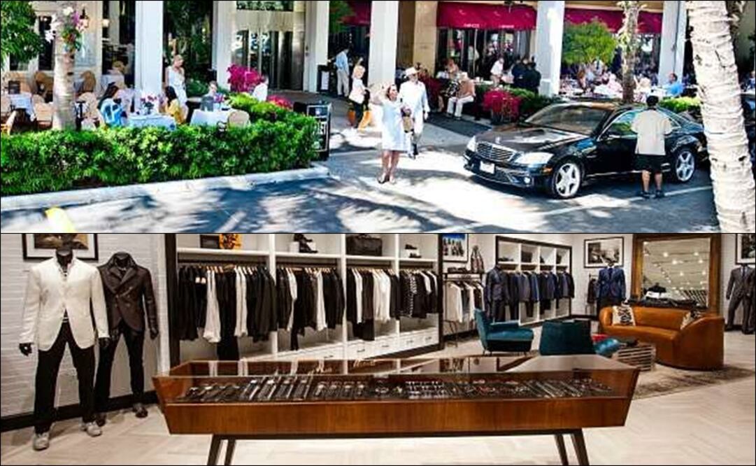 Entrada al Centro Comercial Bal Harbour Shops y aspecto de la boutique de John Varvatos