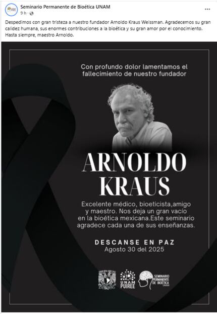 El médico, investigador y colaborador de EL UNIVERSAL, Arnoldo Kraus, falleció el pasado 30 de agosto del 2025. Foto: Captura de pantalla de la cuenta de FB de:  Seminario Permanente de Bioética UNAM.