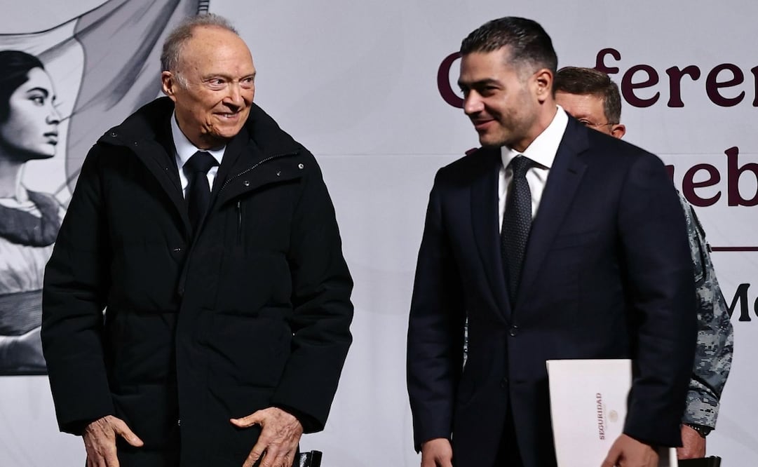 El fiscal Alejandro Gertz Manero y el secretario de la SSPC, Omar García Harfuch, en la conferencia matutina del 25 de marzo de 2025. Foto: Berenice Fregoso/EL UNIVERSAL
