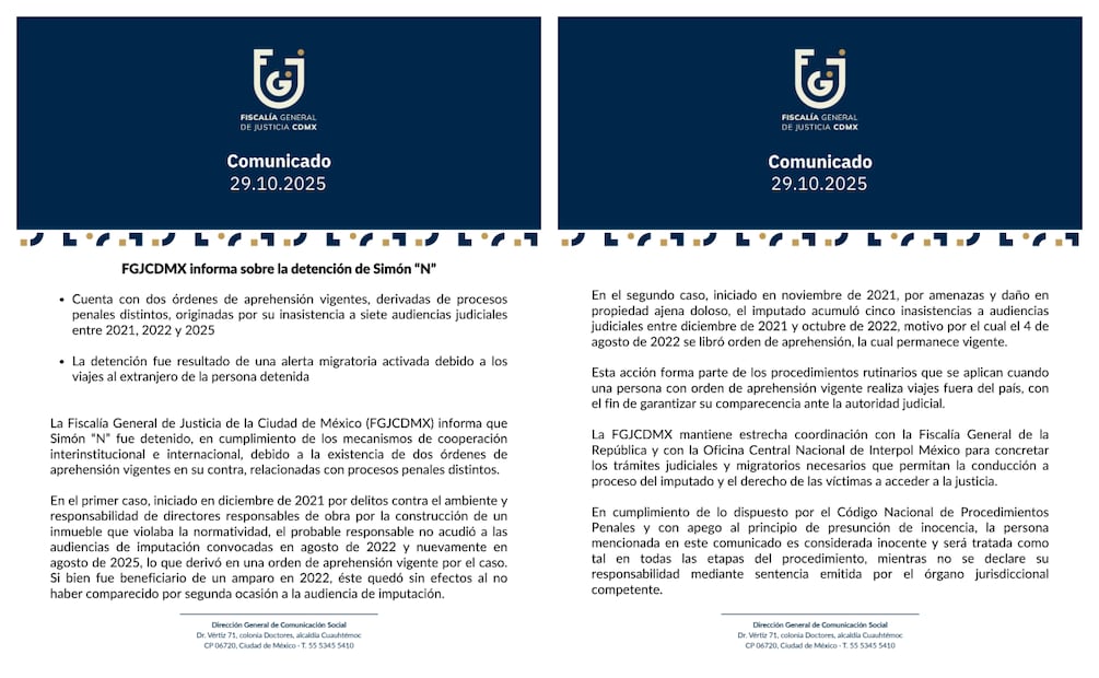 Fiscalía CDMX sobre la detención de Simón Levy. Foto: Captura de pantalla