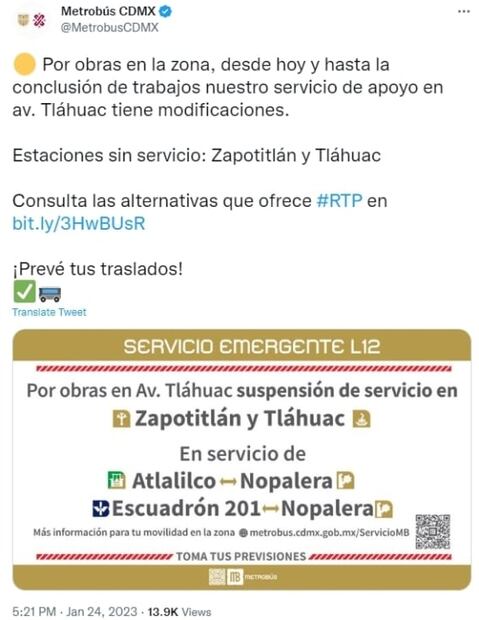 Modifican ruta del servicio emergente del Metrobús por obras sobre avenida Tláhuac