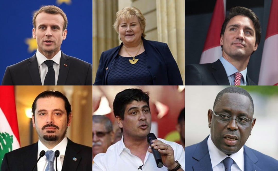 Emmanuel Macron (Francia), Erna Solberg (Noruega), Justin Trudeau (Canadá), Saad Hariri (Líbano), Carlos Alvarado (Costa Rica) y Macky Sall (Senegal). FOTOS: Agencias