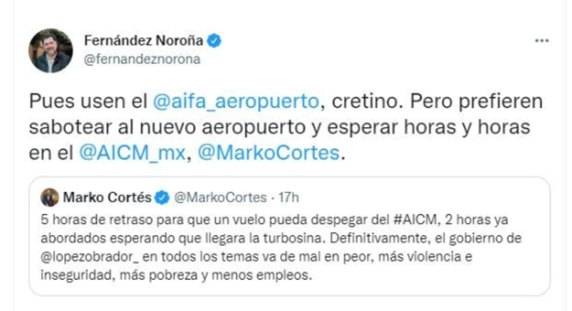 "Pues usen el AIFA, cretino": Fernández Noroña responde a Marko Cortés por quejarse del AICM