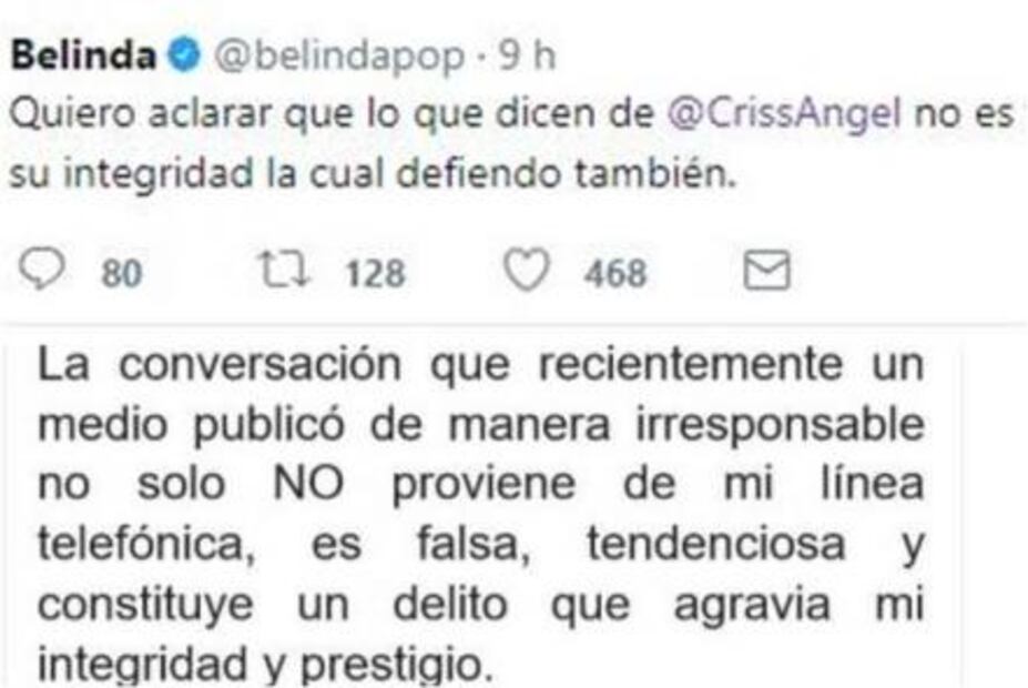 Belinda responde a historia sobre supuesta infidelidad de Criss Angel