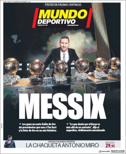 Prensa internacional enaltece el sexto Balón de Oro de Messi