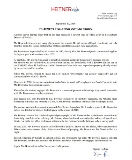 Antonio Brown respondió a la denuncia por violación