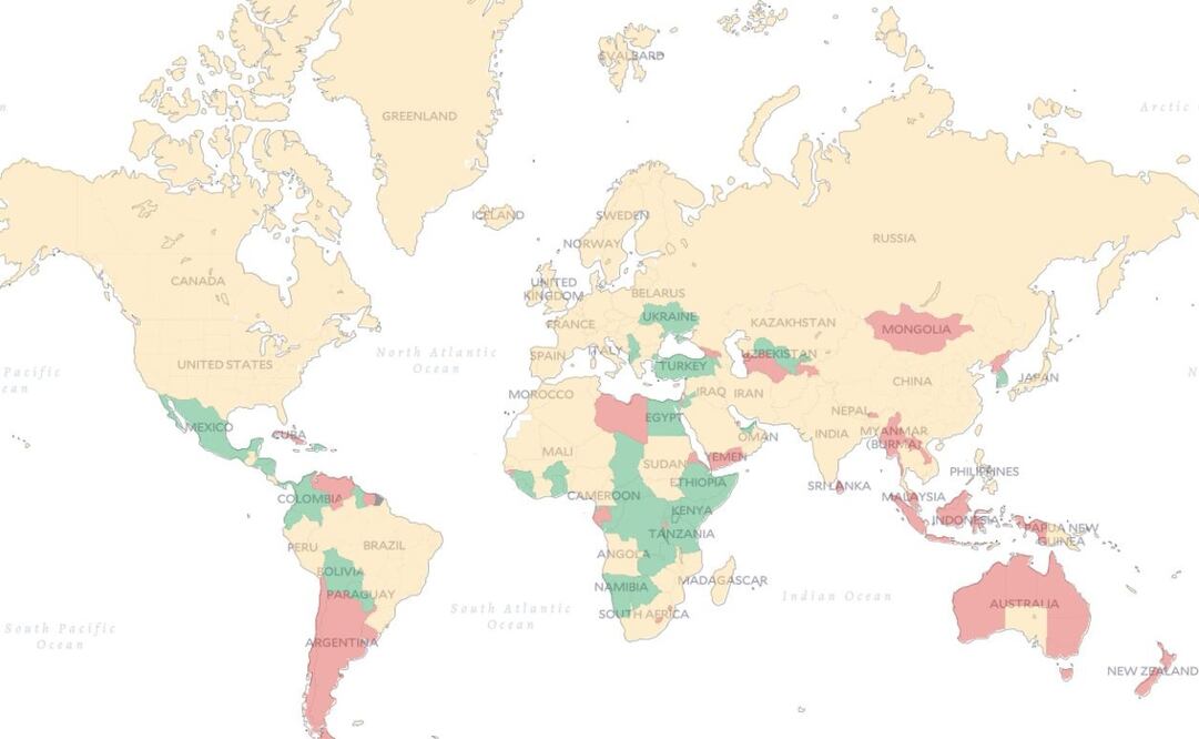 El mapa indica con colores si las fronteras están abiertas, parcialmente abiertas o cerradas a los viajeros. Foto: Captura