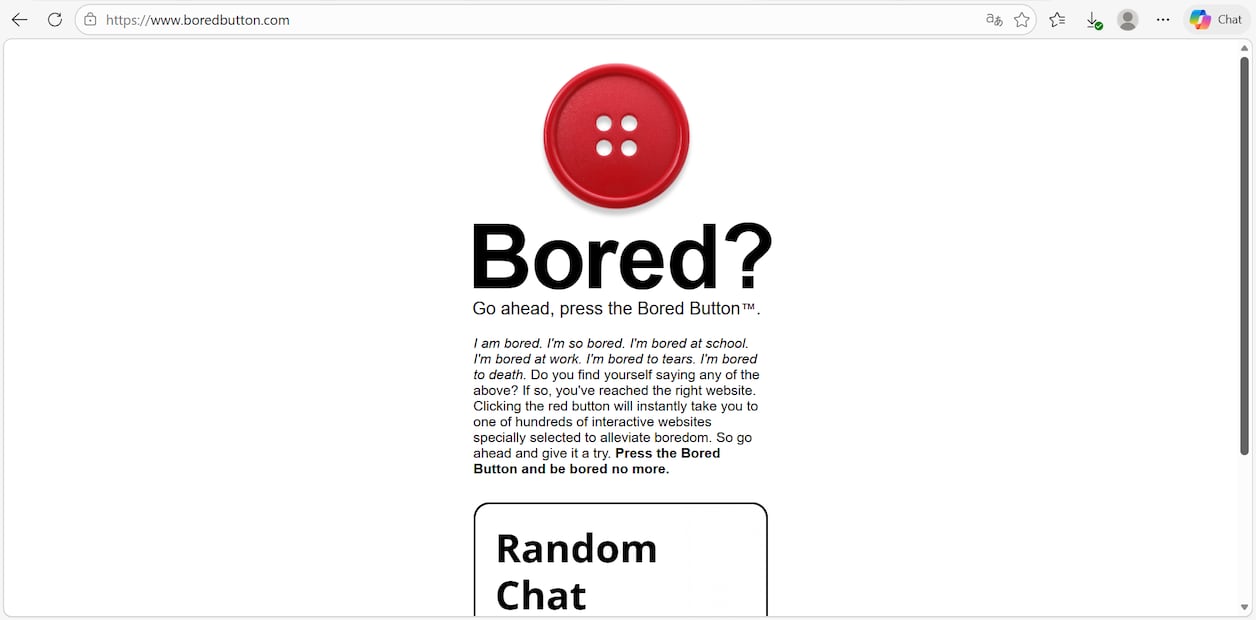 "Bored?" te sorprende con distintos juegos cada que aprietas el botón rojo. Foto: Captura de pantalla