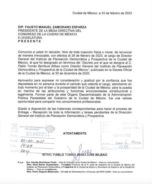Renuncia Pablo Benlliure Bilbao al Instituto de Planeación Democrática y Prospectiva de la CDMX  