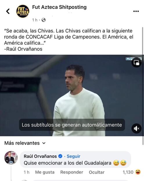 La respuesta de Raúl Orvañanos - Foto: Fut Azteca Shitposting en Facebook