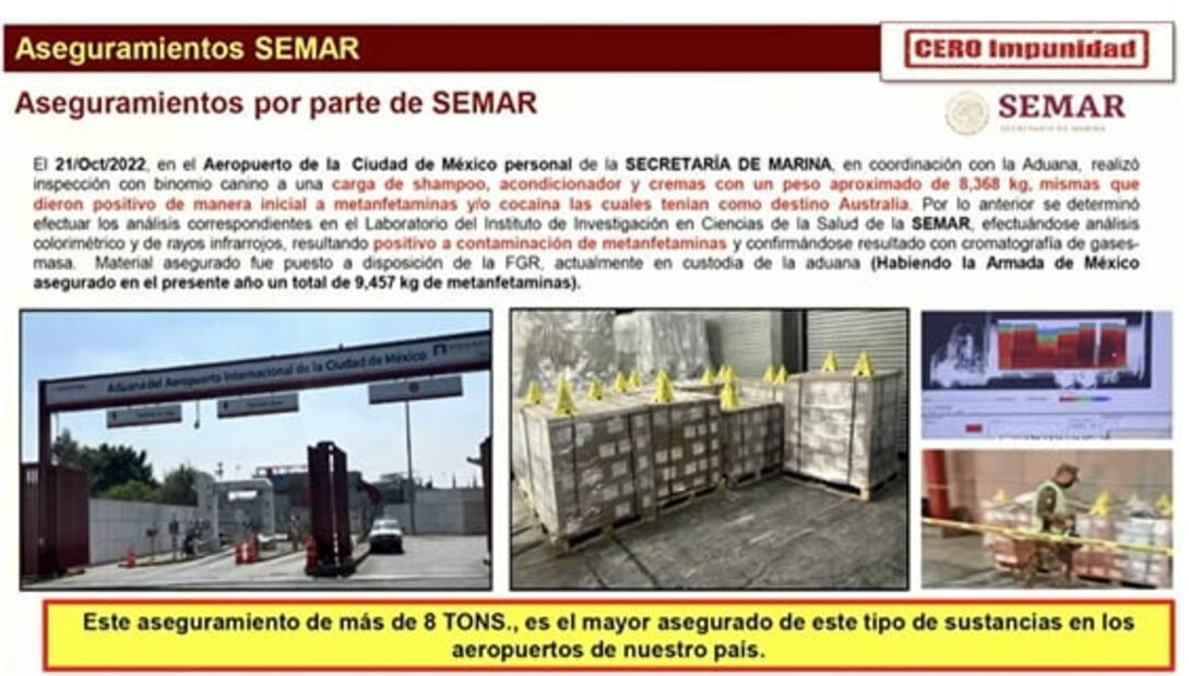 Marina decomisa más 8 mil kilos de droga en botellas de shampoo en el AICM