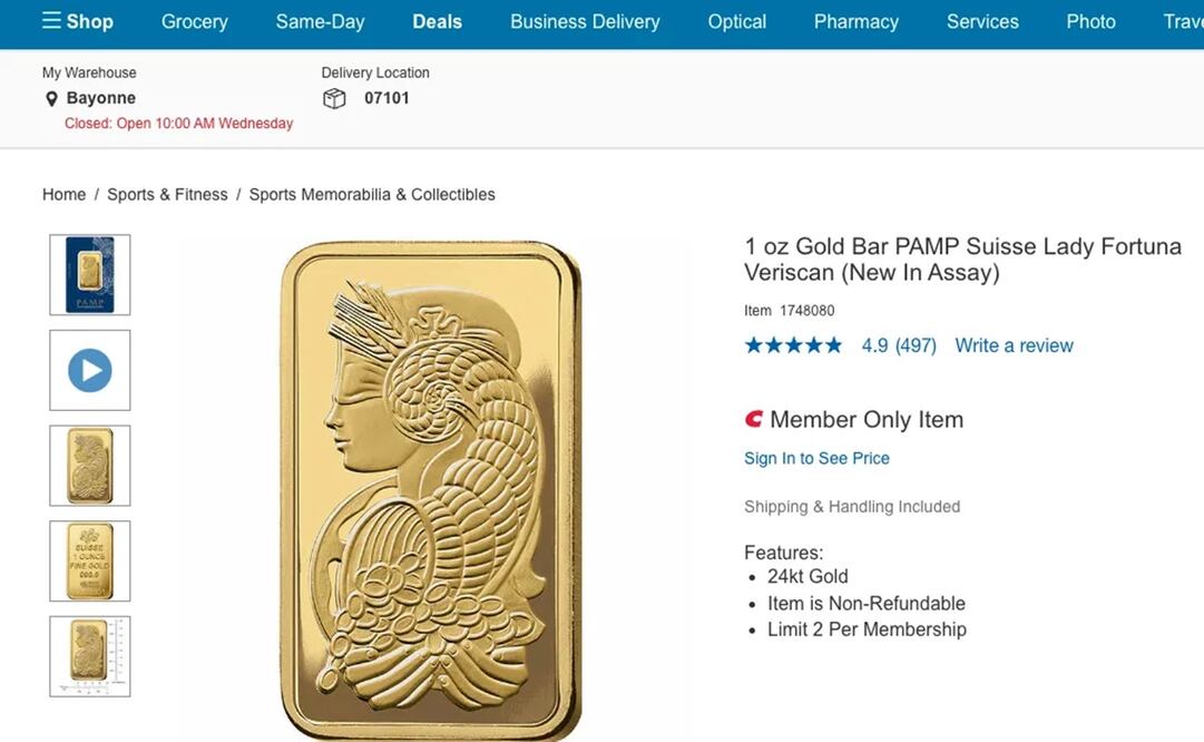 Costco ofrece lingotes de oro de una onza (unos 28 gramos) por un valor aproximado de mil 979 dólares por pieza. Foto: Costco