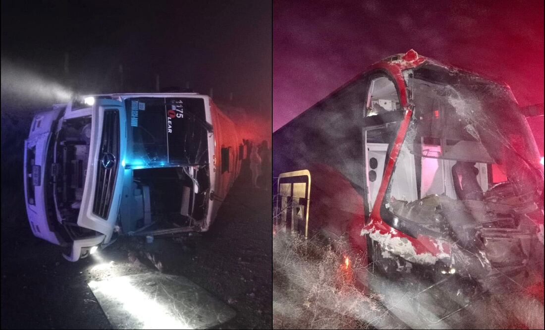 Se trató de un autobús de transporte de personal que viajaba con 25 pasajeros y que fue impactado en la parte trasera por otro autobús procedente de Monterrey con destino a Salinas, San Lui Potosí, que llevaba nueve pasajeros. Foto: Protección Civil de Zacatecas