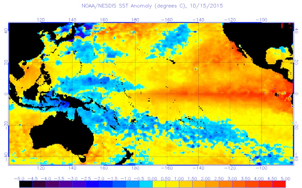 El mayor evento del siglo XXI de El Niño fue el de 2015-16. Carta de las temperaturas anómalas de la superficie oceánica en octubre de 2015. Crédito: National Environmental Satellite, Data, and Information Service