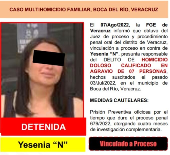 Vinculan a proceso a Yesenia “N” por homicidio de sus papás, hermanos, sobrino y cuñados en Veracruz
