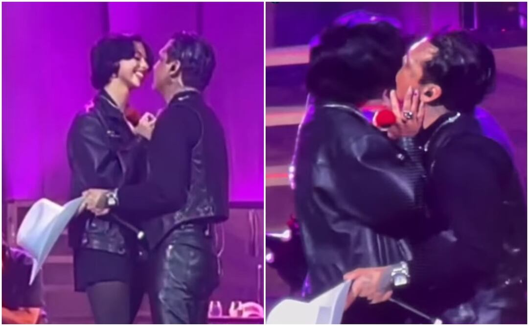 Christian Nodal y su esposa Ángela Aguilar, juntos en el escenario de California.