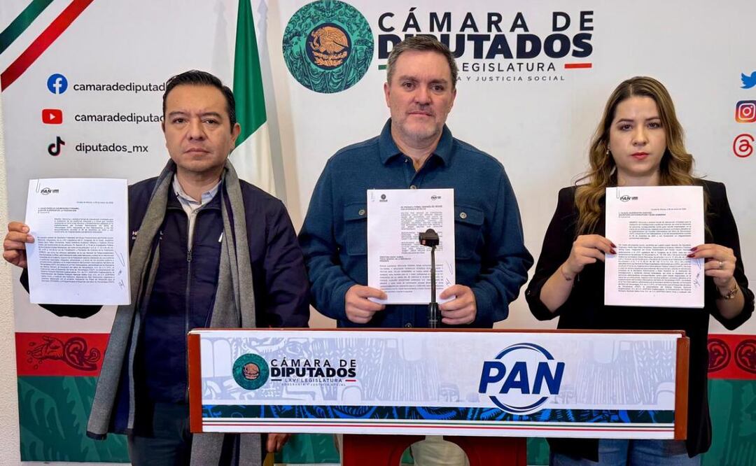 La diputada Diana Estefanía Gutiérrez, y los diputados Héctor Saúl Téllez Hernández y Federico Döring piden investigación contra “Bobby” López Beltrán por accidente del Tren Interoceánico (06/01/2026). Foto: Especial