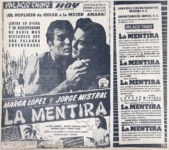 Anuncio de “La Mentira” en EL UNIVERSAL. Su éxito como radionovela en Cuba llamó la atención de la XEQ para transmitirse en México. Foto: Hemeroteca EL UNIVERSAL