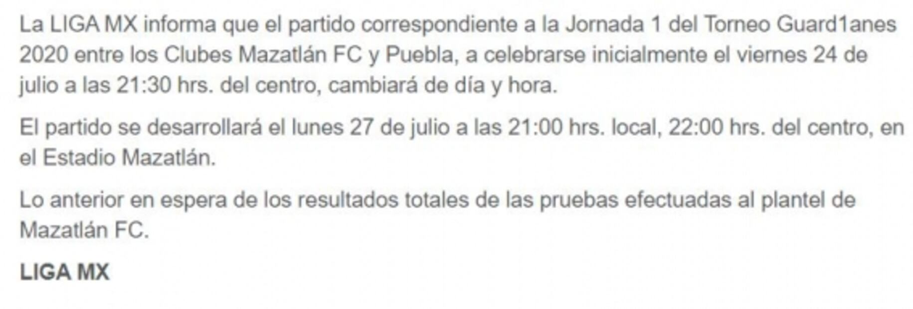 Posponen el Mazatlán vs Puebla debido al Coronavirus