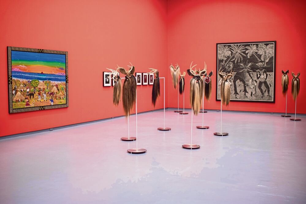 Máscaras creadas por David Montaño Roque, hechas con crines de caballo, pieles de serpiente y cocodrilo y cuernos de venado, que se usan en la Danza de los diablos. Foto: Gabriel Pano / EL UNIVERSAL