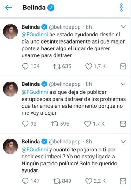 Belinda y Alfredo Gudinni se enfrentan en Twitter