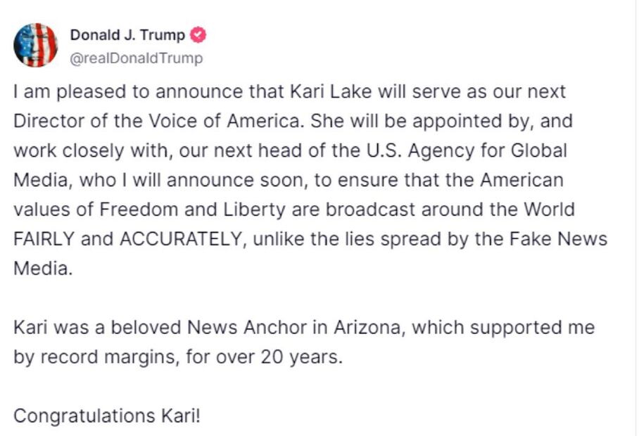 Donald Trump, próximo mandatario estadounidense, anunció que Kari Lake, excandidata republicana al Senado por Arizona, dirigirá la Voz de América (VOA). Foto: Truth Social
