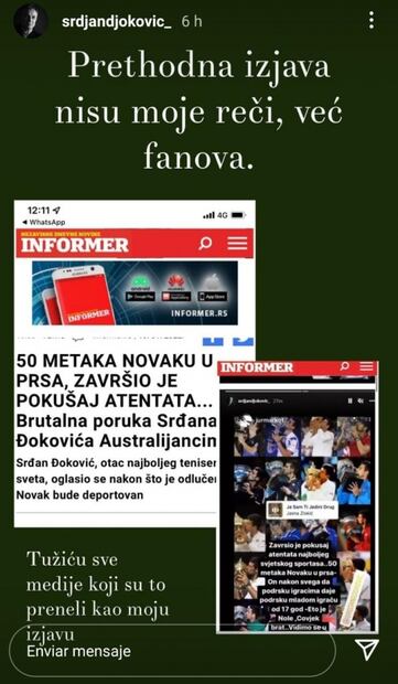 Padre de Djokovic desmiente mensaje sobre "50 balazos" contra su hijo