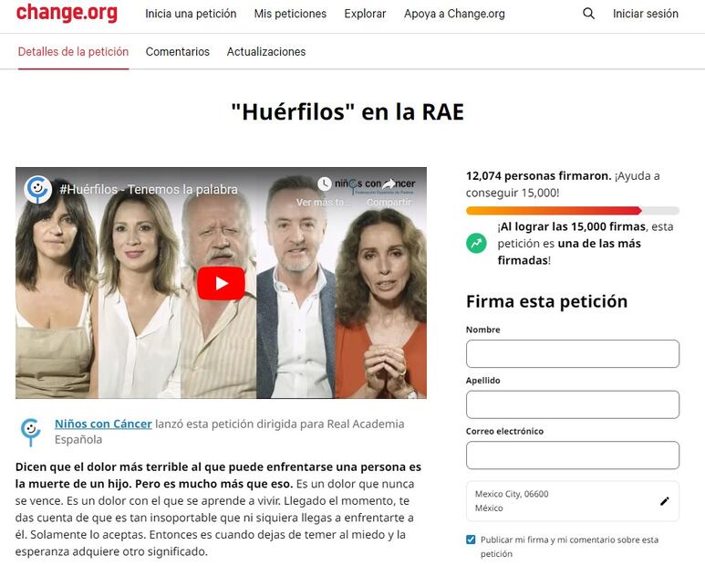 El término "huérfilo" fue propuesto a la rae en 2017. Foto: Change.org.