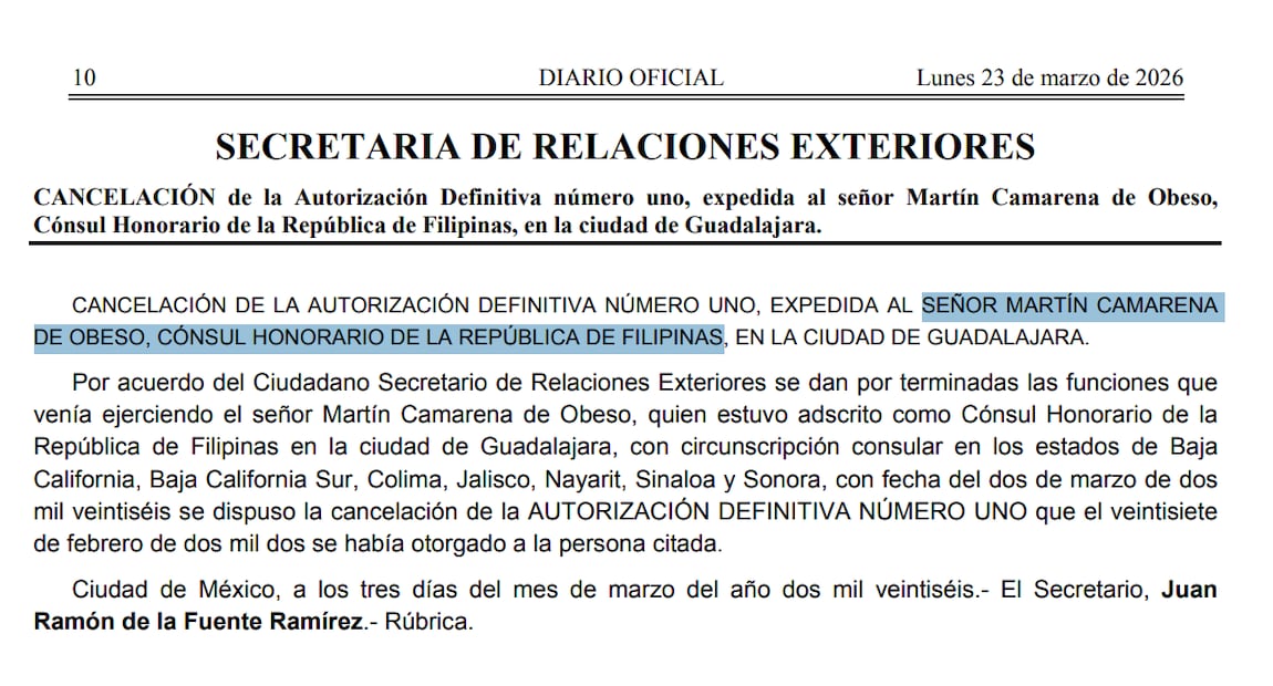 La Cancillería publicó este lunes la cancelación del cargo de Martín Camarena de Obeso. Foto: Diario Oficial de la Federación.