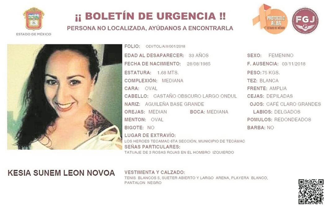 Señas particulares. Kesia Sunem tiene un tatuaje grande de tres rosas rojas en su hombro izquierdo