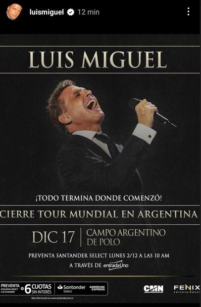 Luis Miguel cerrará su gira mundial en Argentina.