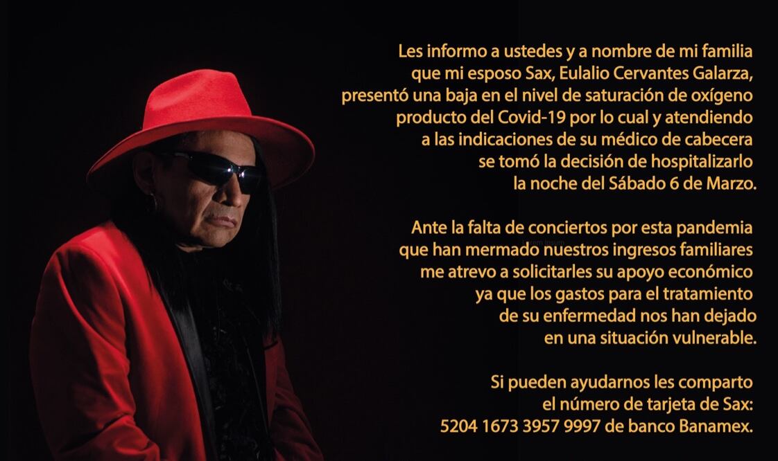 Mensaje de la esposa de Sax. FOTO: tomada de Instagram @saxmusicoficial
