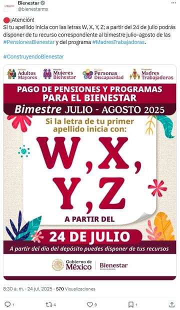 Pensión del Bienestar 2025;letras son las últimas letras en recibir su pago hoy, 24 de julio
