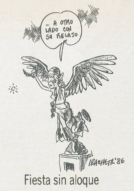 Caricatura de Sergio Iracheta del 6 de junio de 1986. En noticieros internacionales se mostraron imágenes del descontrol visto el 3 de junio y se acusó a la policía mexicana de perpetuar un “estado de violencia”. Foto: Hemeroteca EL UNIVERSAL.