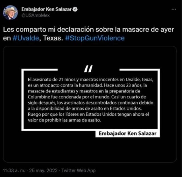 "Ruego porque EU tenga el valor de prohibir armas": Ken Salazar tras tiroteo en primaria de Texas