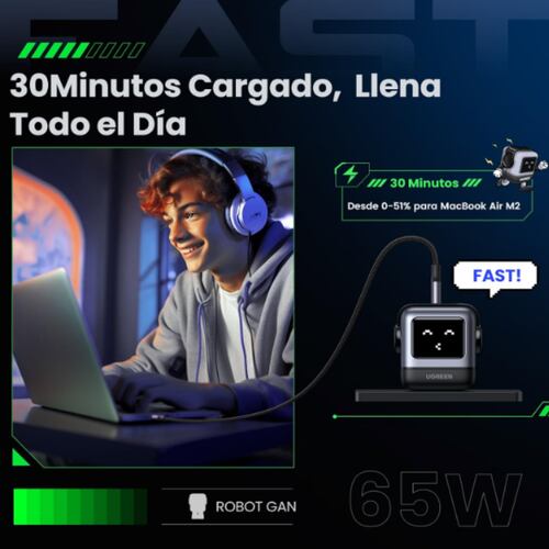 El nuevo cargador inteligente UGREEN Uno de 65W combina la tecnología GaN de carga rápida con un diseño único en forma de robot y expresiones LED interactivas para cuidar la vida útil de tus dispositivos / Foto: Amazon México