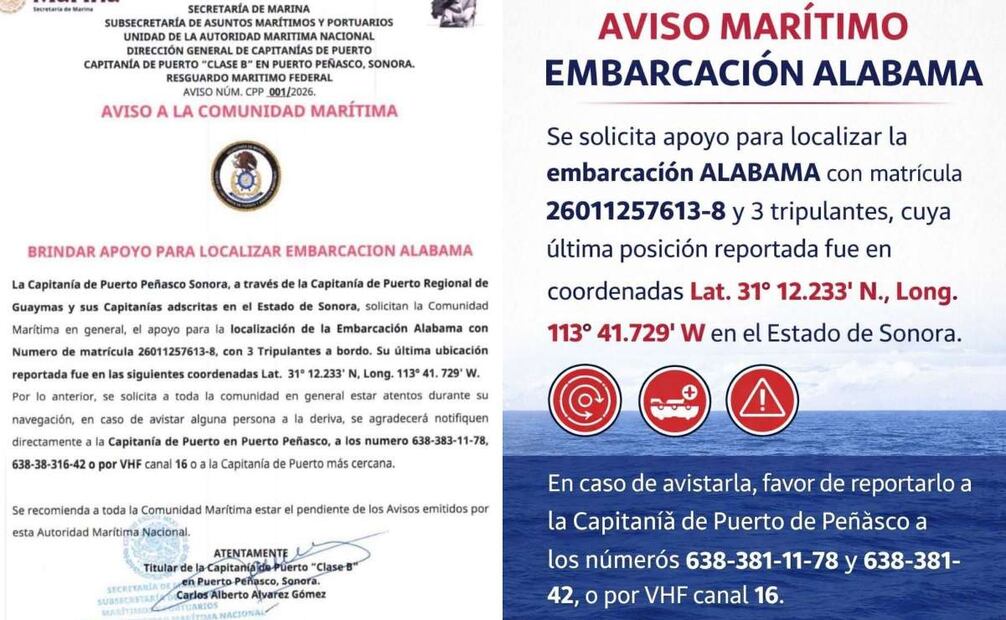 Marina activa búsqueda de la embarcación Alabama en Sonora; tres personas siguen desaparecidas.
Foto: Especial.