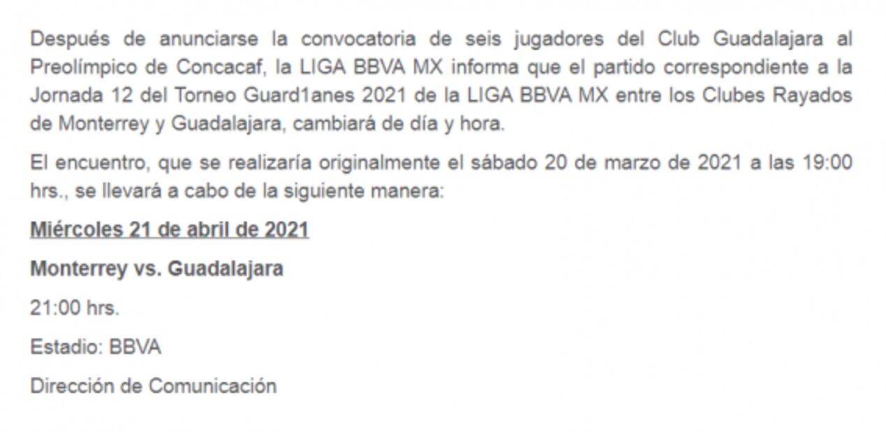 Rayados vs Chivas cambia de fecha por el Preolímpico 