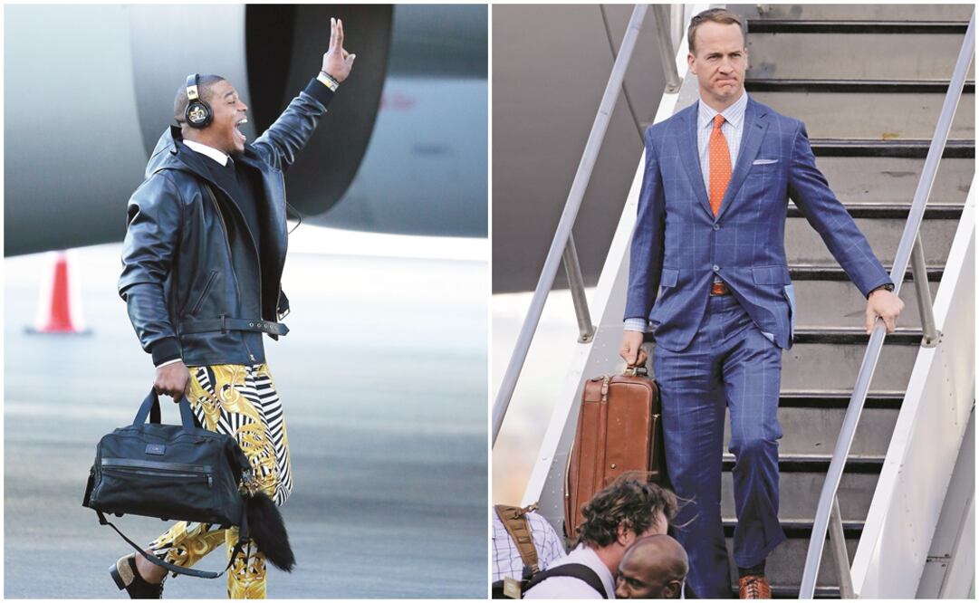 Newton lució un “look” alterno, de llamar la atención y Peyton se vio con vestimenta “clásica”, de traje (AP)