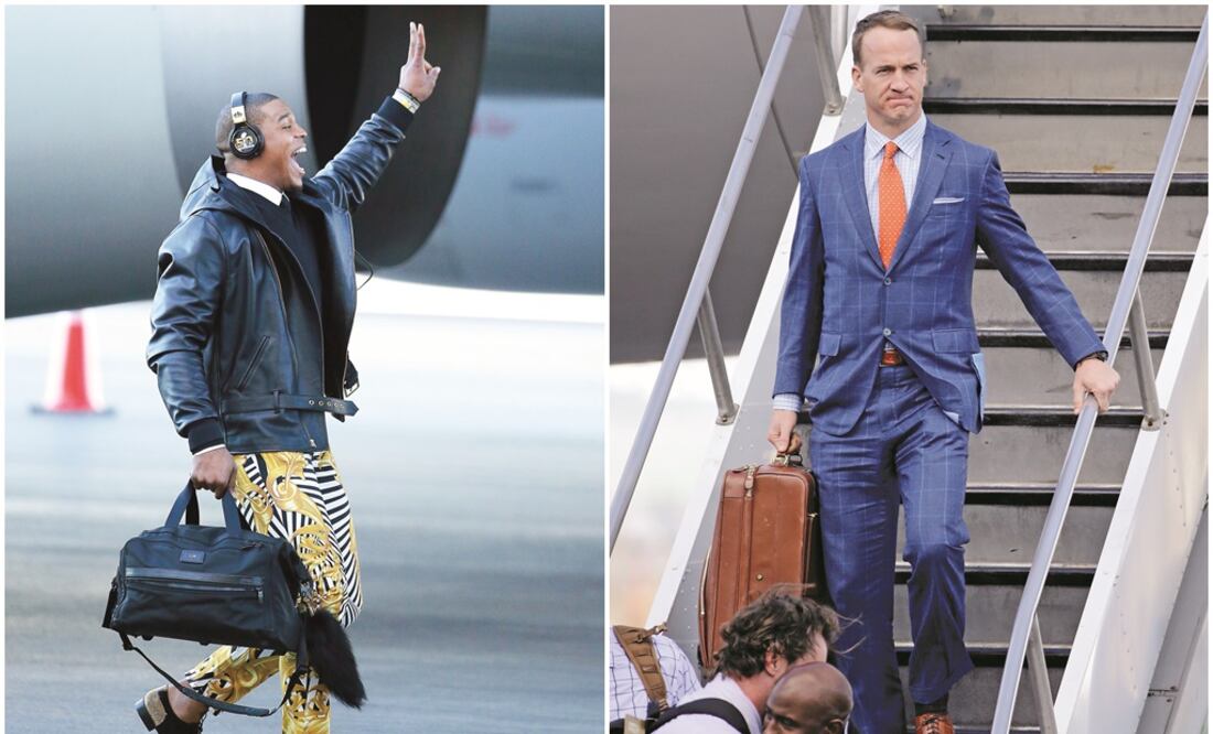 Newton lució un “look” alterno, de llamar la atención y Peyton se vio con vestimenta “clásica”, de traje (AP)