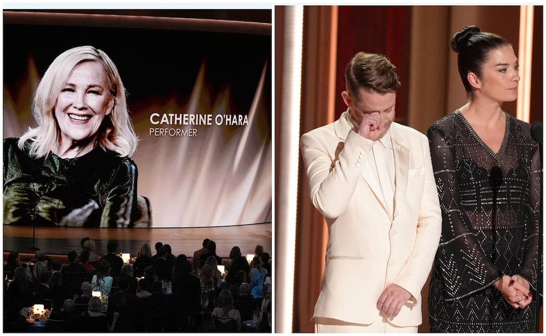 Macaulay Culkin (desde la izquierda), Annie Murphy y Dan Levy rinden homenaje a Catherine O'Hara durante la 78.ª edición de los premios Emmy, el lunes 14 de septiembre de 2026, en el Peacock Theater de Los Ángeles.
Foto AP/Chris Pizzello.